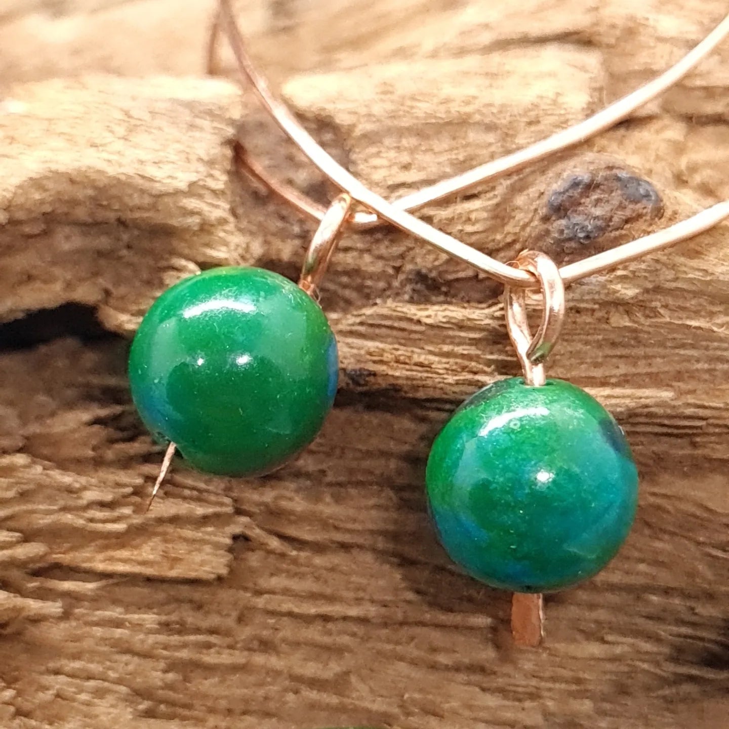 Copper oval hoops with Chrysocolla balls