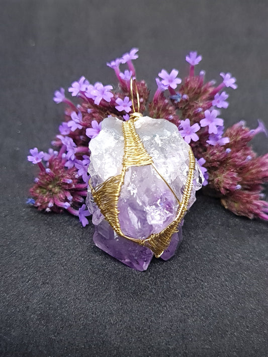 Rough Amethyst pendant wrapped in brass