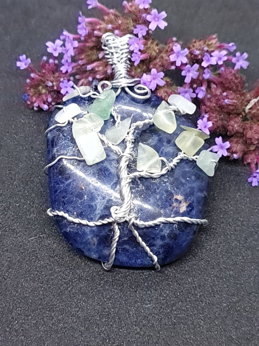 Tree of life aluminium pendatnt with Sodalite and Aventurine stones