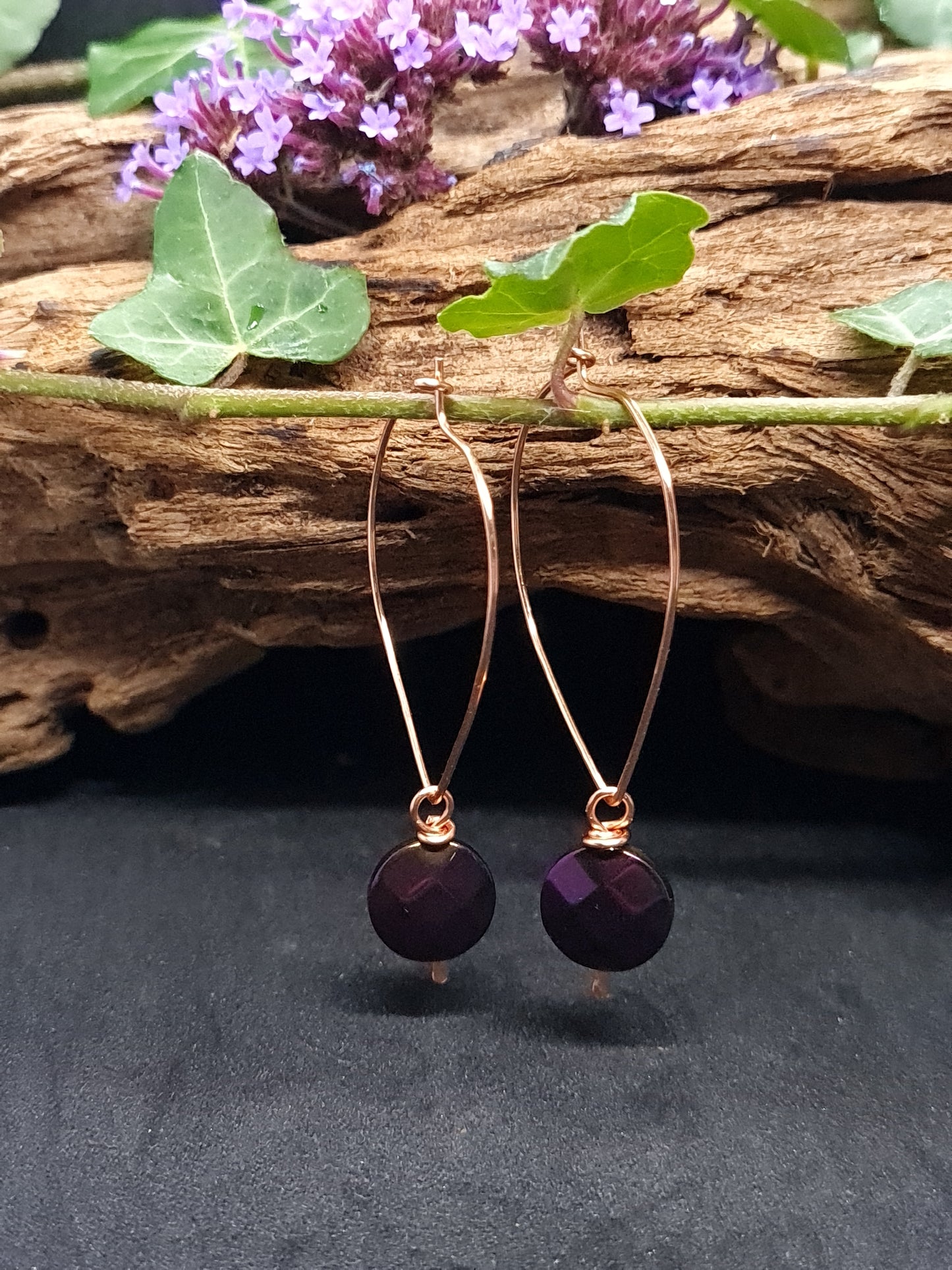 Copper hoops with purple Hematite stones