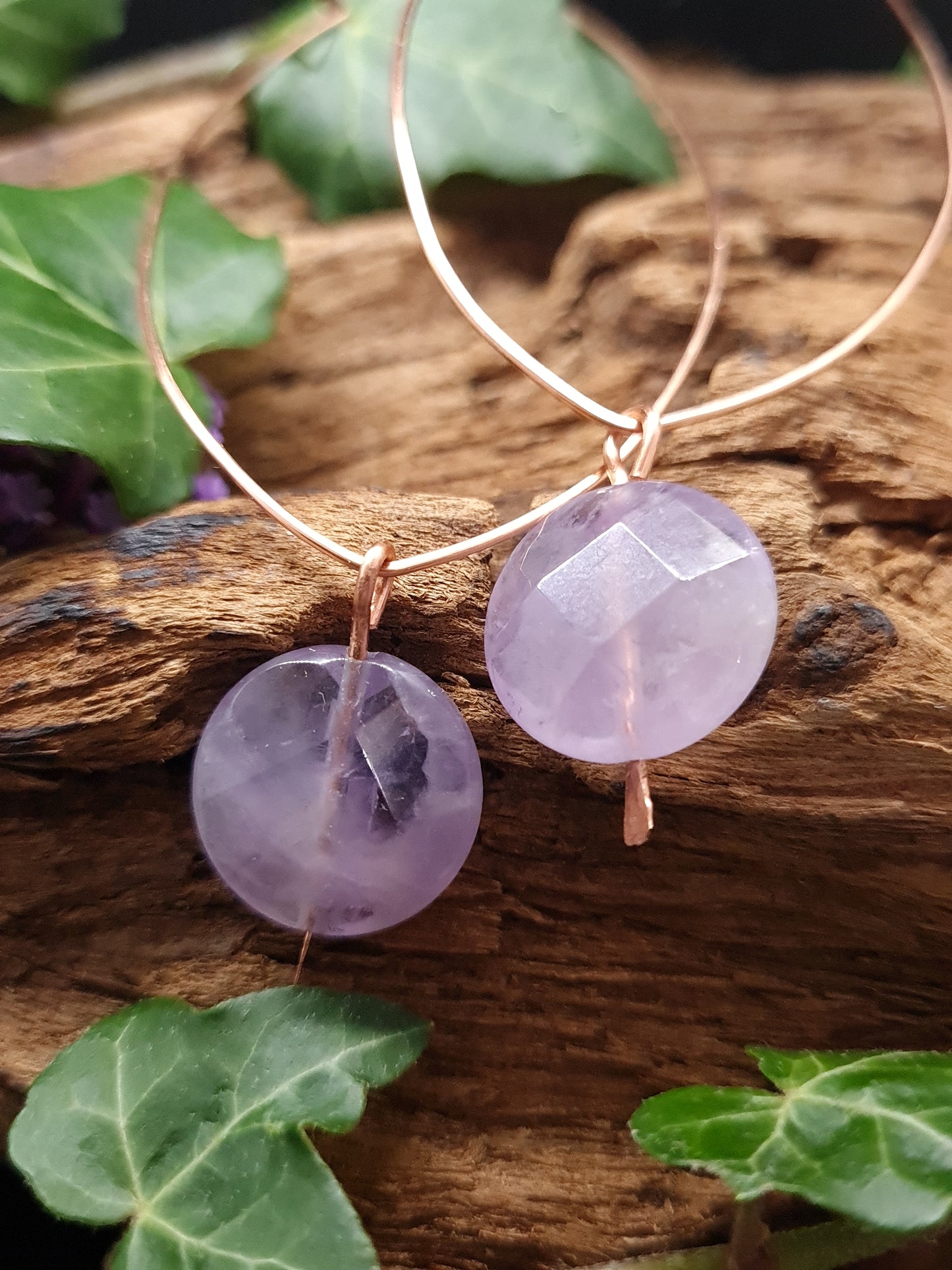 Copper hoops with large Amethyst stones