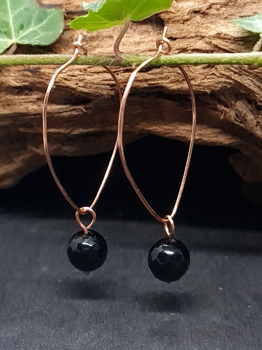 Copper hoops with faceted Onyx stones