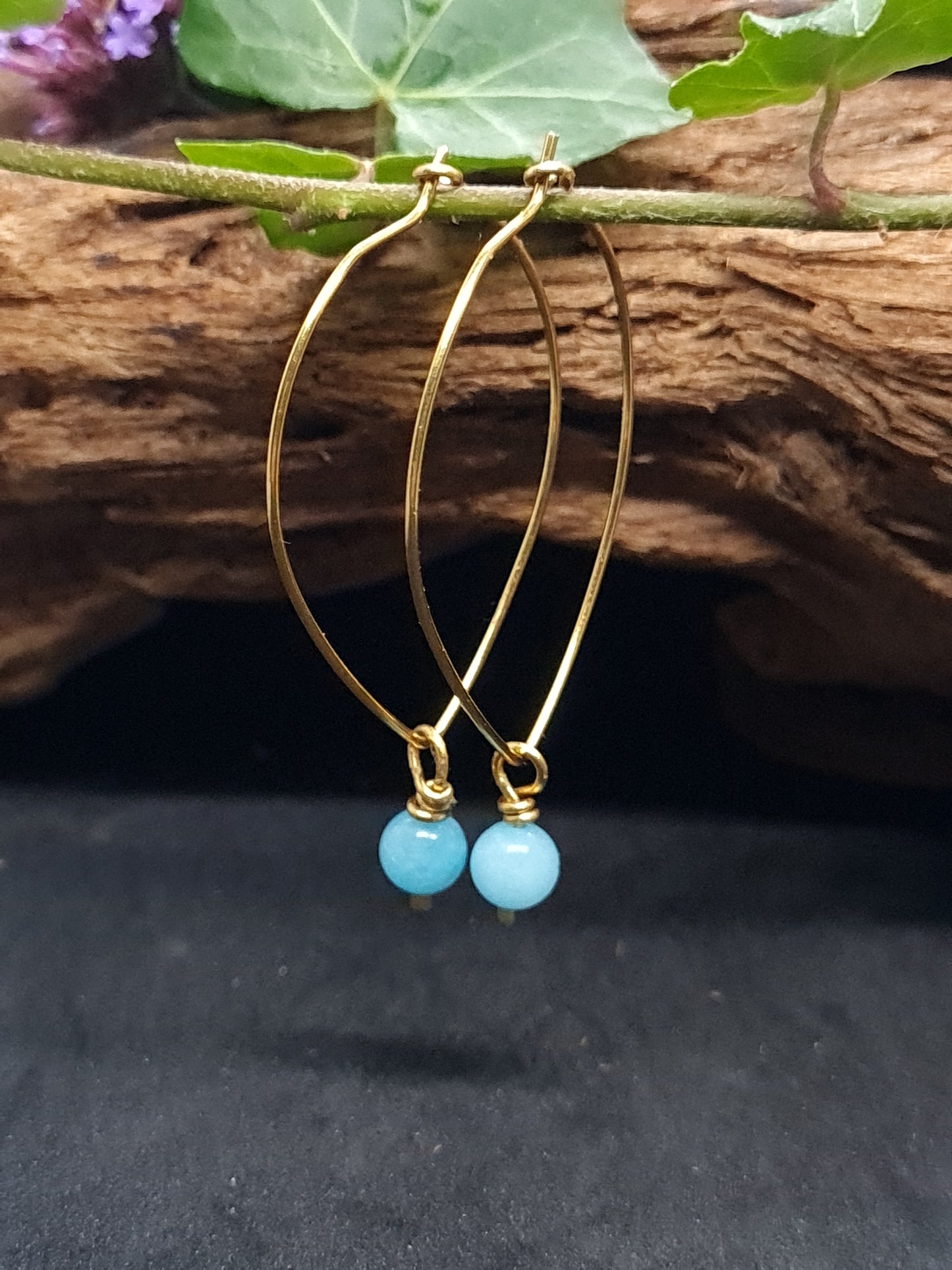 Brass hoops with Aquamarine stones