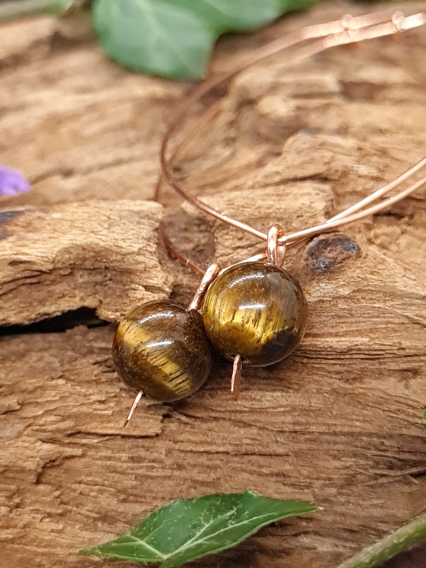 Copper long hoops with Tiger Eye stones