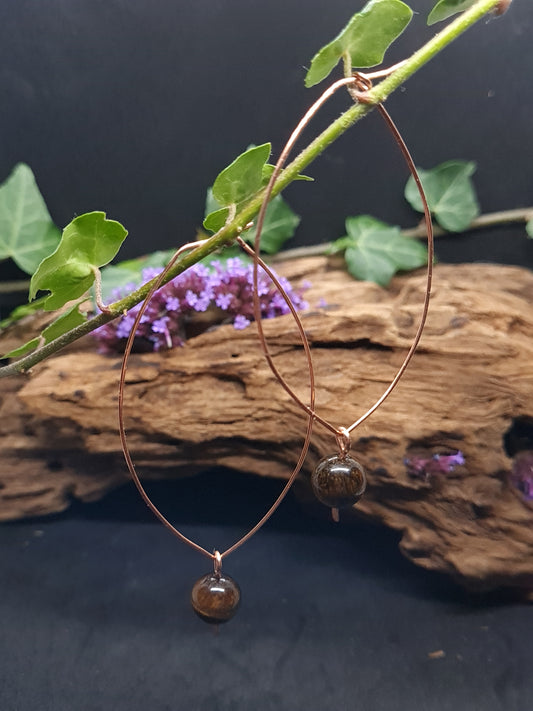 Copper long hoops with Tiger Eye stones