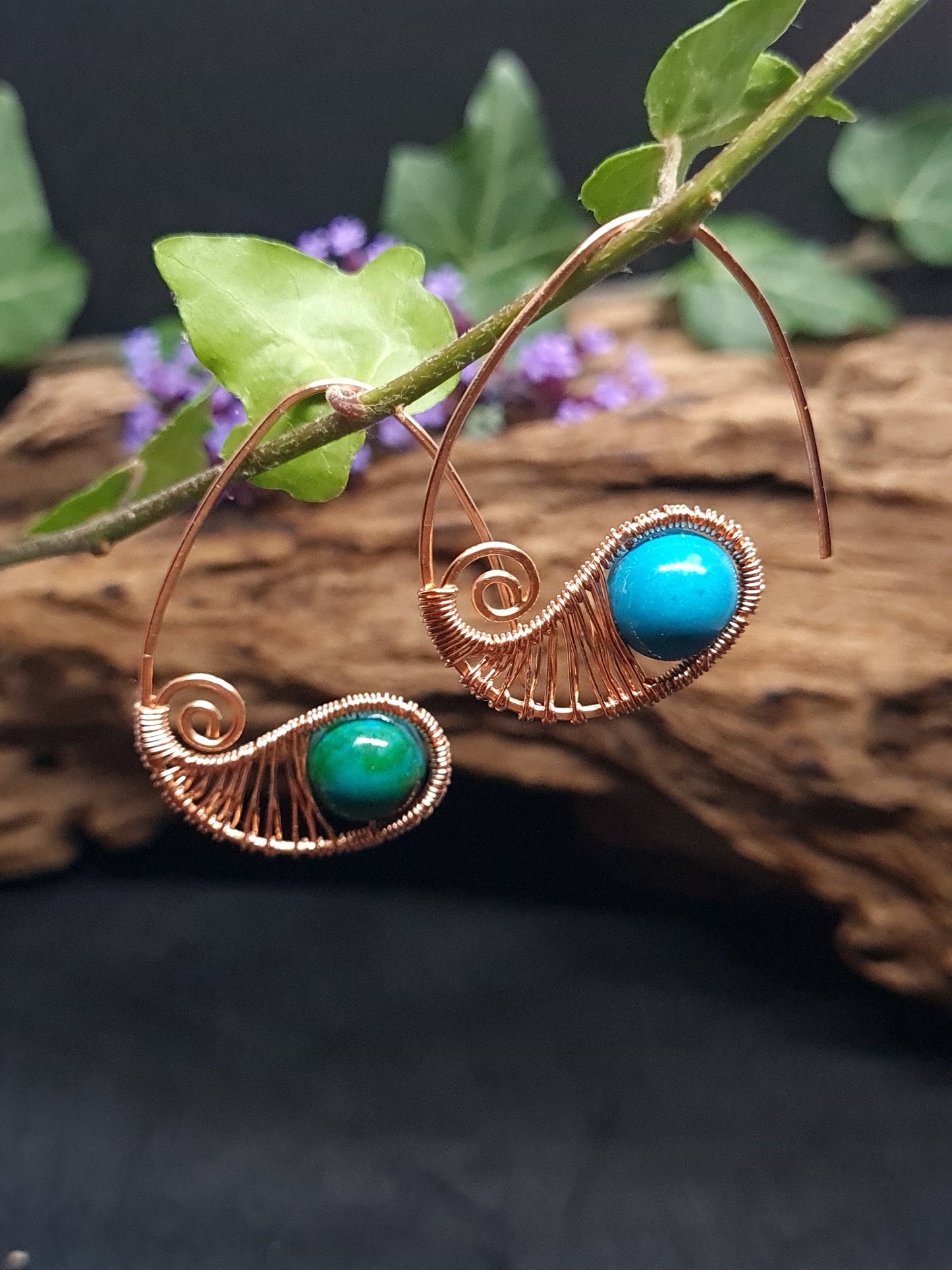 Copper hoops with spiral design and Chrysocolla stones