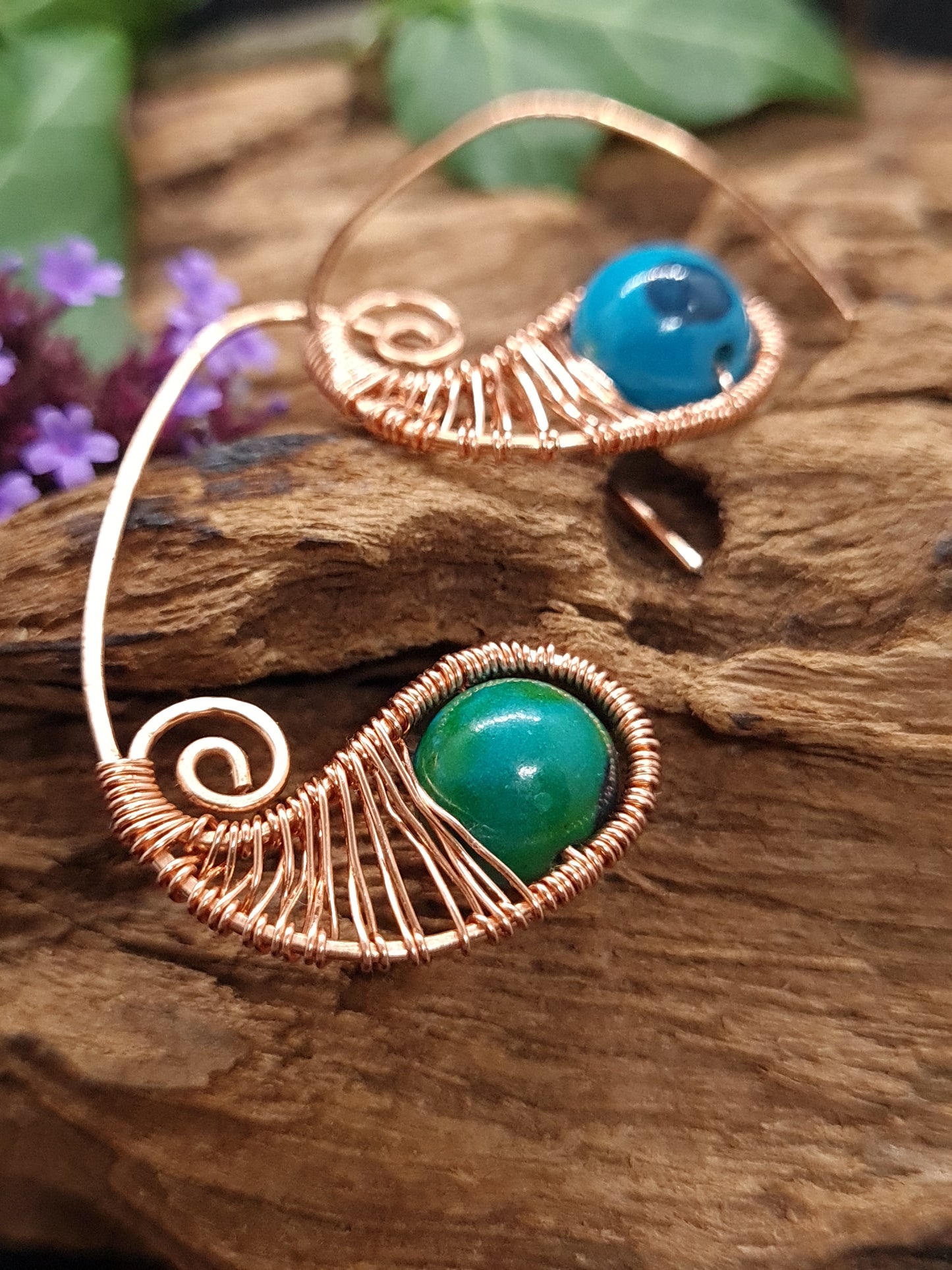 Copper hoops with spiral design and Chrysocolla stones