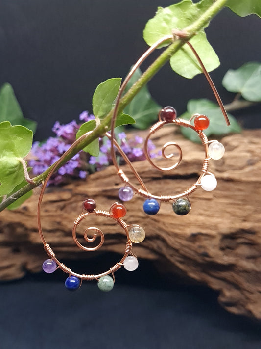 Copper spiral hoops with Chakra stones