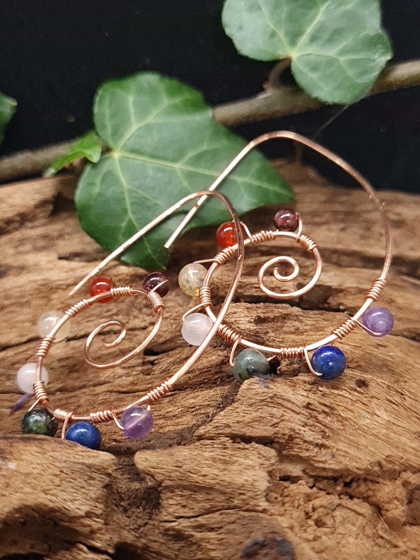 Copper spiral hoops with Chakra stones