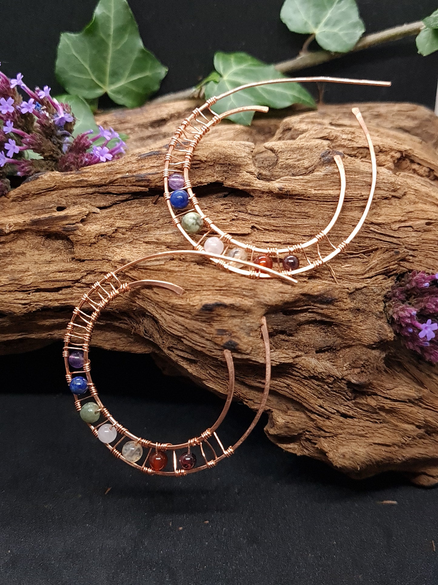 Copper large hoops with Chakra stones