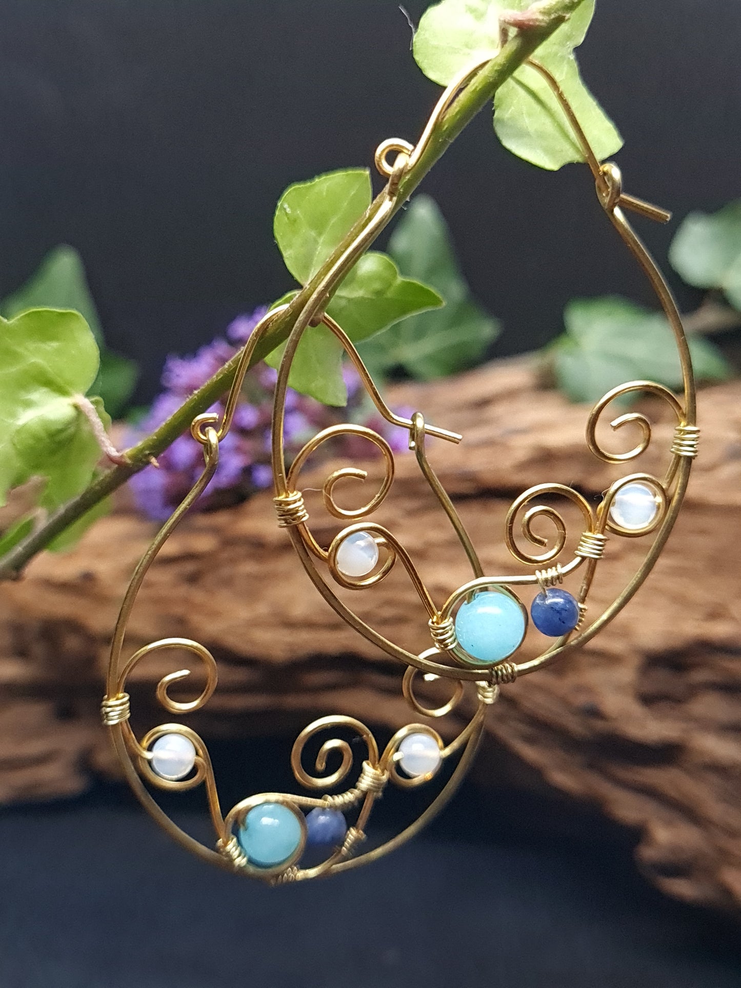 Brass hoops with spiral design and gemstones