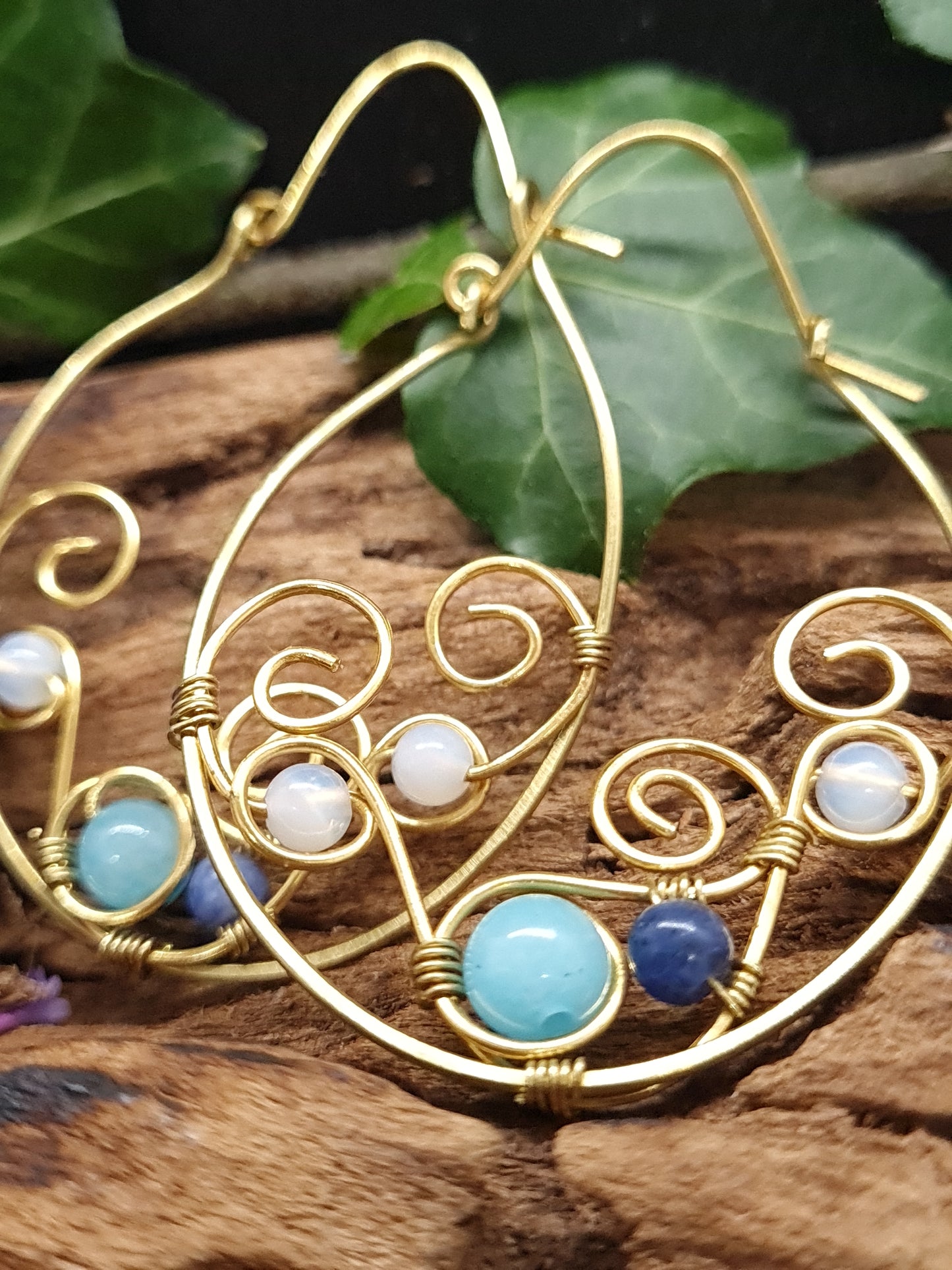 Brass hoops with spiral design and gemstones