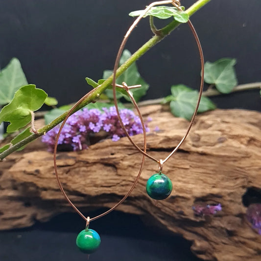 Copper oval hoops with Chrysocolla balls